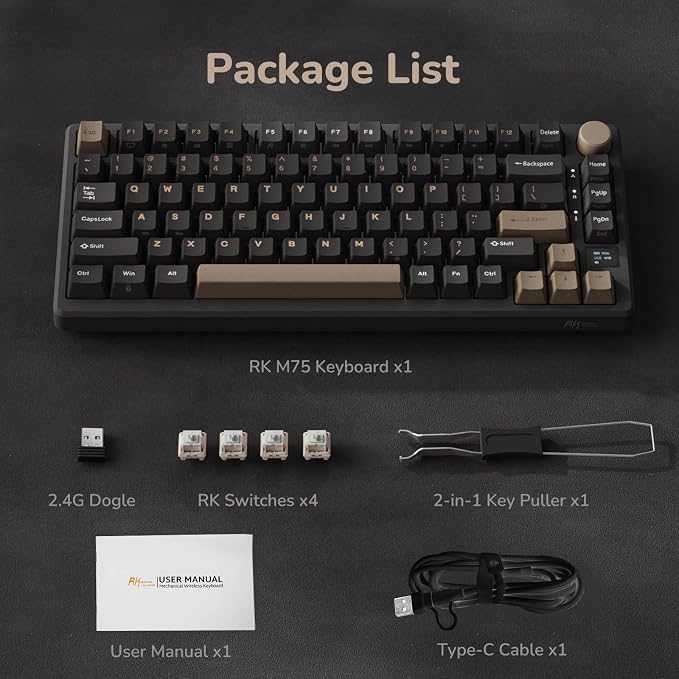 RK ROYAL KLUDGE M75 Wireless Mechanical Keyboard 2.4Ghz/BT5.1/USB-C Gaming Keyboard 75% Layout 81 Keys Gasket Mount with OLED Display & Knob RGB Backlight Hot-Swappable Light Switch, Grey