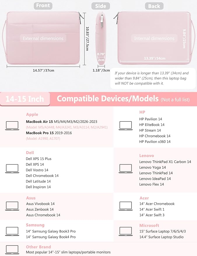 HYZUO 14-15 Inch Laptop Sleeve Bag for MacBook Air 15 M5 A3448 M4 M3 M2 2026-2023, MacBook Pro 15, 15" Surface Laptop, XPS 14/15 Plus, NoteBook Case for 14" HP Dell Lenovo Asus Acer, Pale Pink