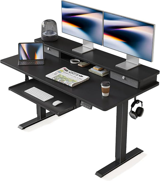 CubiCubi 48" x 24" Standing Desk with Drawers and Keyboard Tray, Electric Height Adjustable Workstation, Computer Sit Stand Up Office Table with Large Monitor Shelf, Black