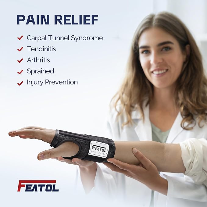 FEATOL 2 Pack Carpal Tunnel Wrist Brace For Work With Wrist Splint, 6.5'' Hand Brace Night Support For Women Men, Pain Relief For Tendonitis, Arthritis, Pregnancy, Typing, Right and Left Hand, Small