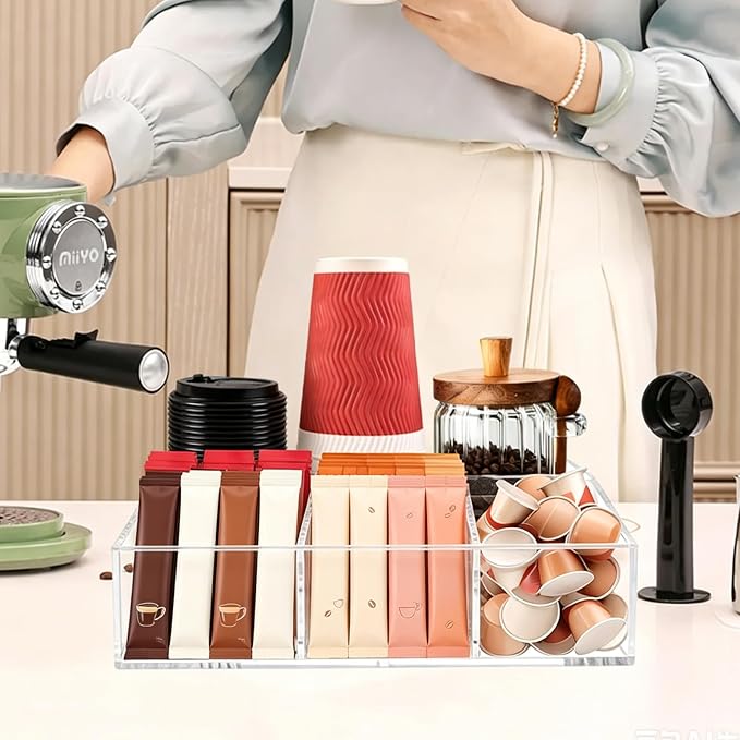 Coffee Bar Accessories, Acrylic Coffee Station Organizer Storage Box | Clear Coffee Station Accessories with Removable Dividers for Pod Condiment Syrup Cup Stirrer Tea Bag, Farmhouse Table Decor