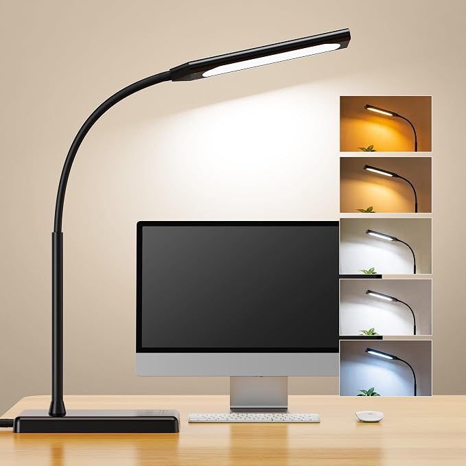 LED Desk Lamp Touch Control Desk Lamp with USB Charging Port 5 Color Modes 6 Brightness Levels Dimmable Eye-Caring Office Lamp with Memory Function 1h Timer Adjustable Neck Table Lamp