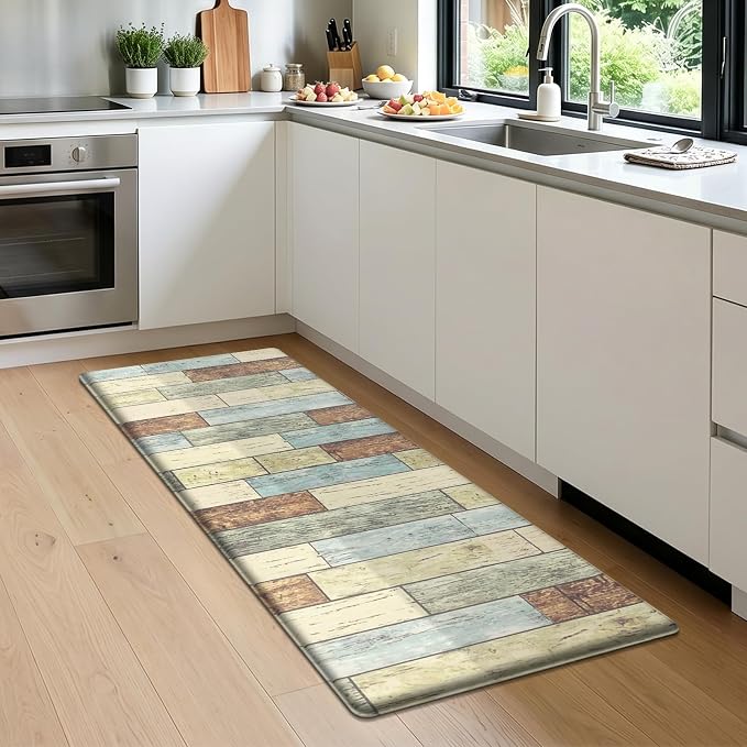 LOKHOM Anti Fatigue Kitchen Mats for Floor, 24x59 Non Slip Modern Cushioned Standing Comfort Kitchen Runner Rug, Waterproof Geometric Patchwork Memory Foam Padded for Sink Laundry Office, Dusty Aqua