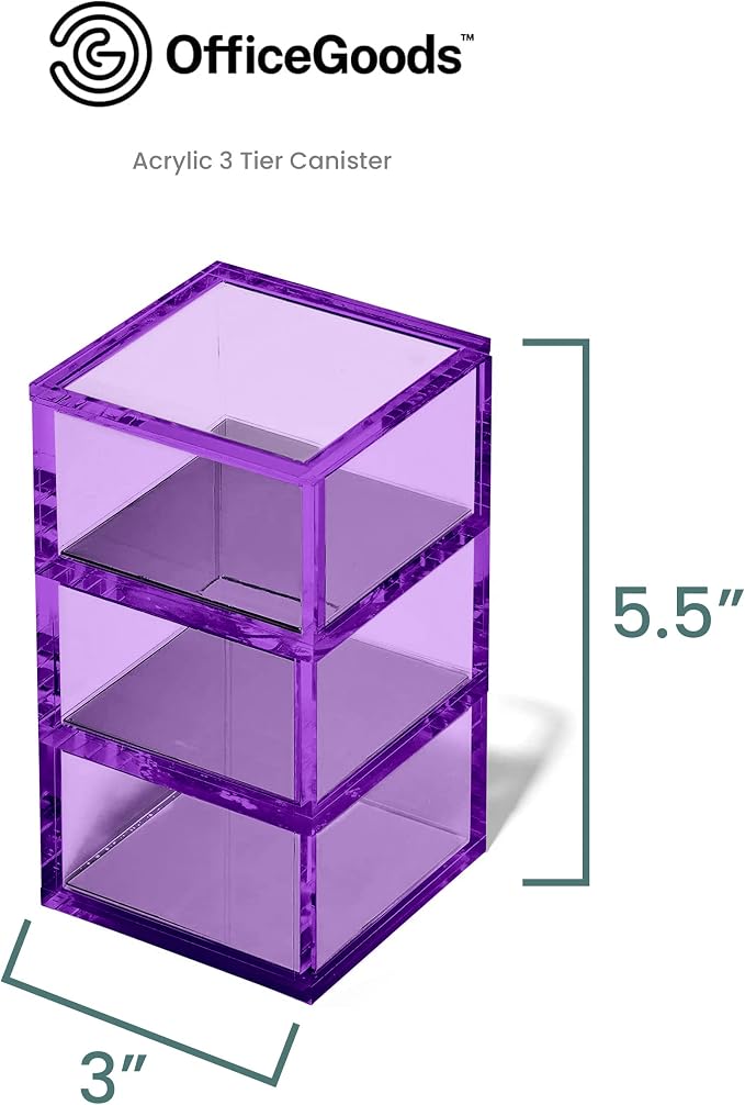 3-Tier Stackable Acrylic Holder- Stylish Desk Organizer and Storage for Office or Home – Transparent Square Design, Purple with Silver Metal Base