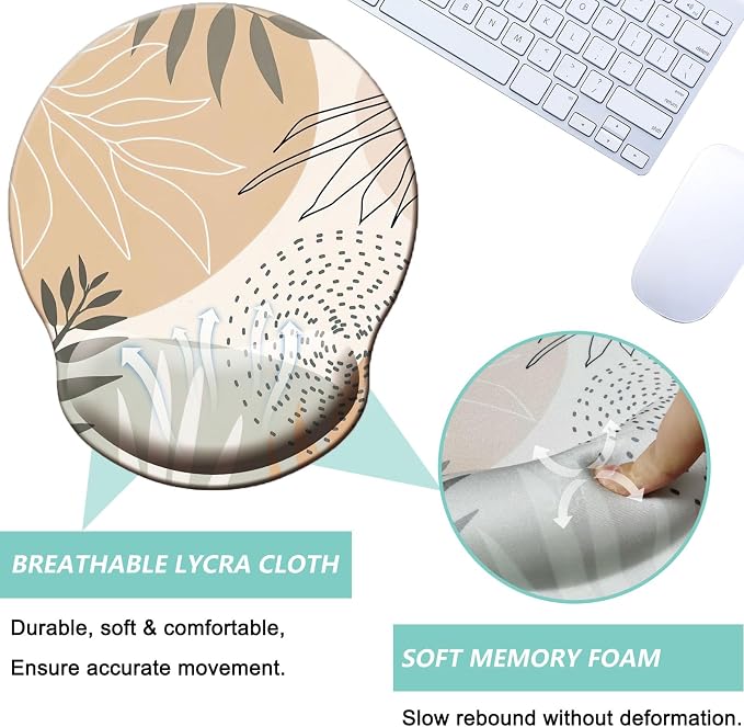 Mouse Pad with Wrist Support, Ergonomic Mouse Pad with Memory Foam Wrist Rest Cushion, Non-Slip Rubber Base Gaming Mice Pad for Home Office Computer Laptop, Leaves Buff