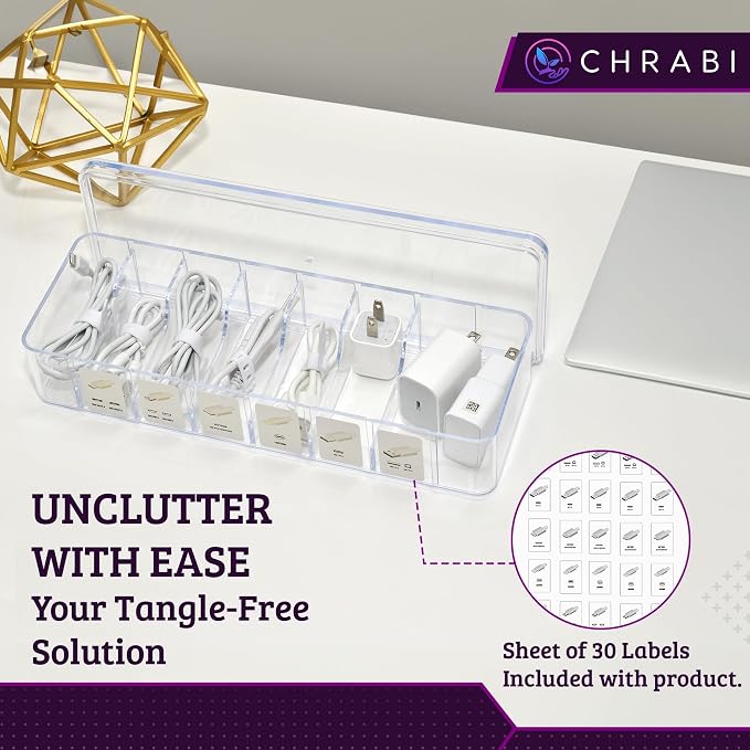 Set of 3 Cable Organizer Box W/Labels - Charger Box, Stackable W/Lids-Cord Organizer Junk Drawer- Cord Storage Box for Desk -Cable Organizer case, Multiuse Organizer