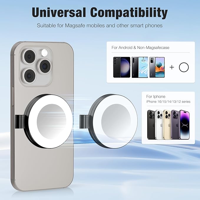 Magnetic Selfie Light for Laptop, iPhone, iPad, Built-in Mirror, Portable Phone Ring Light with 3 CCT & 10 Levels of Brightness, Selfie Ring Fill Light for Streaming, Vlogging, Podcasting