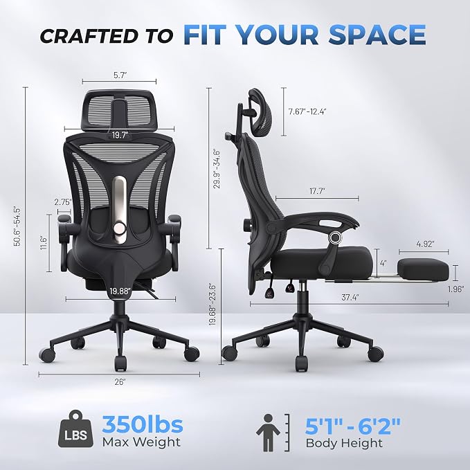 Ergonomic Office Chair - Adjustable Lumbar & Headrest, 90-160° Reclining with Footrest, Breathable Mesh Back - Home Office/Gaming Computer Chair