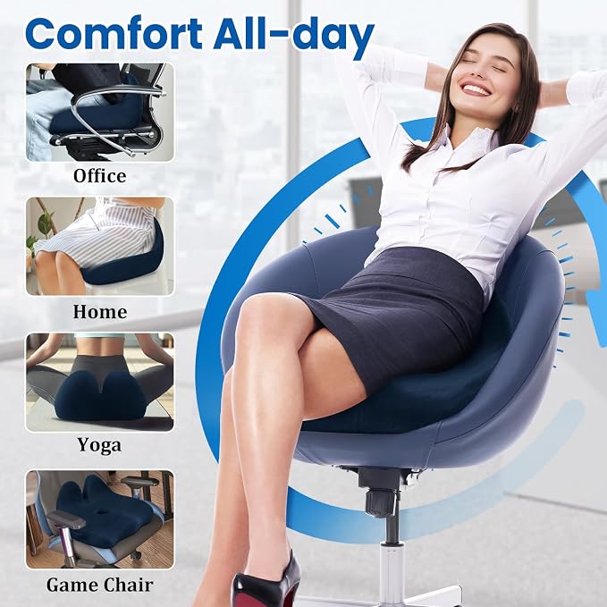 CushZone Seat Cushion, Memory Foam Office Chair Seat Cushion for Office Chairs/Car/Long Trip/Desk Chair/Gaming, Extra Large Size for Sciatica & Hip & Tailbone Pain Relief, Sciatica Support (Blue)