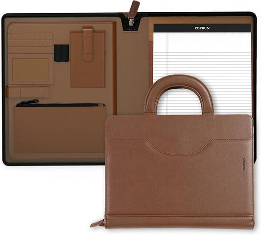 POPRUN Business Padfolio Folder, PU Leather Portfolio Binder with Writing Notebook, Tablet Sleeve, Card Slots and Pen Loop for Professionals, Interviews and Daily Work, Brown