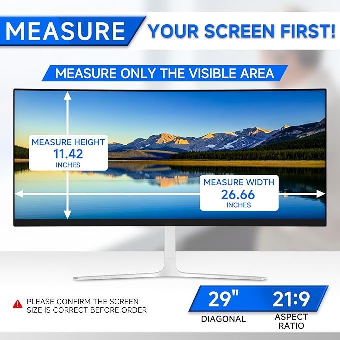 [2-Pack] Privacy Screen For Computer Monitor, 29-Inch 21:9 Aspect Ratio; Anti Spy/Bule Light/Glare And Eye Protection, 2 Install Ways Removable For Office, Airport, Cafe And Other Public Area; Diagonal 29 Inches, Width 26.66 Inches, Height 11.42 Inches