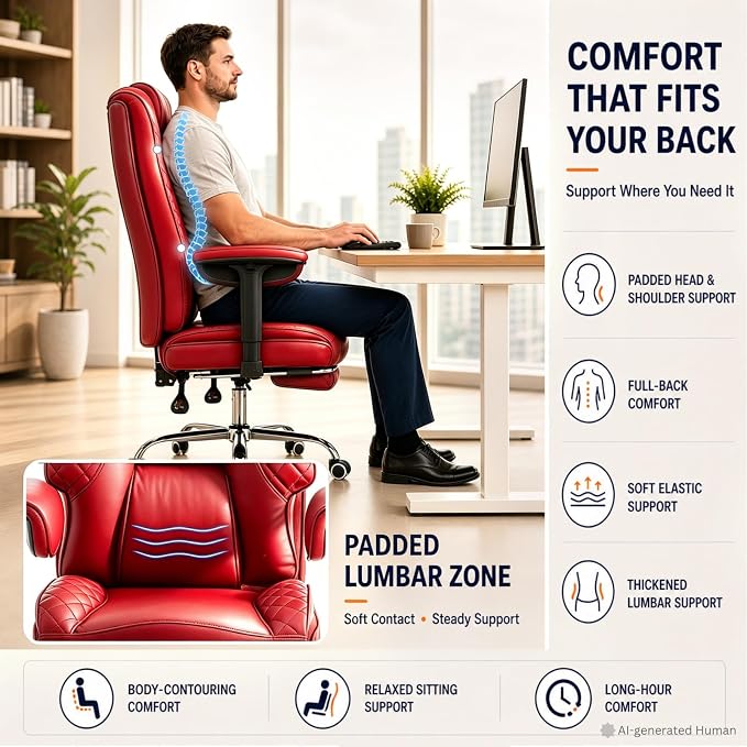Big and Tall Office Chair，Heavy Duty Wide Executive Office Chair (Red) | Breathable Leather，Double-layered Backrest，Seat Cushion Designed of Deluxe Embroidery Leather，Foot Rest, Adjustable Armrests
