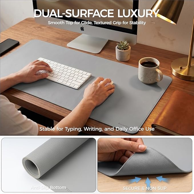 Large Desk Pad Non-Slip Desk Mat Protector for Keyboard Mouse Waterproof Vegan Leather Surface Faux Leather Laptop Mat Smooth Mouse Pad Premium Gift Tube Mist Gray 39" x 17"