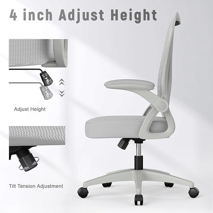 naspaluro Home Office Desk Chair Mid Back with Adjustable Height Grey | Comfy Ergonomic Chair with Flip-Up Arm and Lumbar Support, Breathable Mesh Swivel Computer Chair for Study Working Teacher