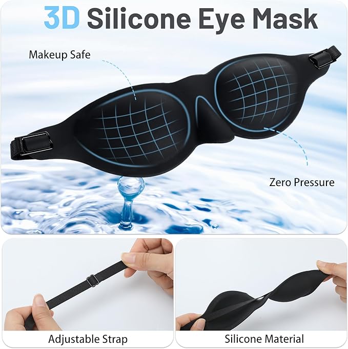 6 Pcs Black Moisture Chamber Glasses for Dry Eyes Silicone Sleep Goggles Reusable Silicone Earplugs with Storage Bags for Sleeping Noise Reduction Deep Focus Travel
