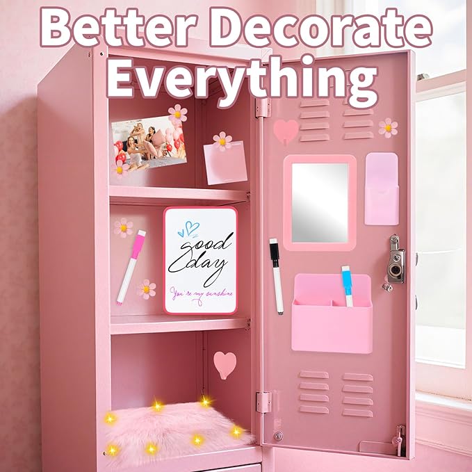 18 PCS Pink Locker Accessories Kit Back to School Locker Decorations Supplies for Girls Includes Whiteboard Mirror Organizer Markers Hook Rug String Lights Sticky Notes and Cute Flower Magnets