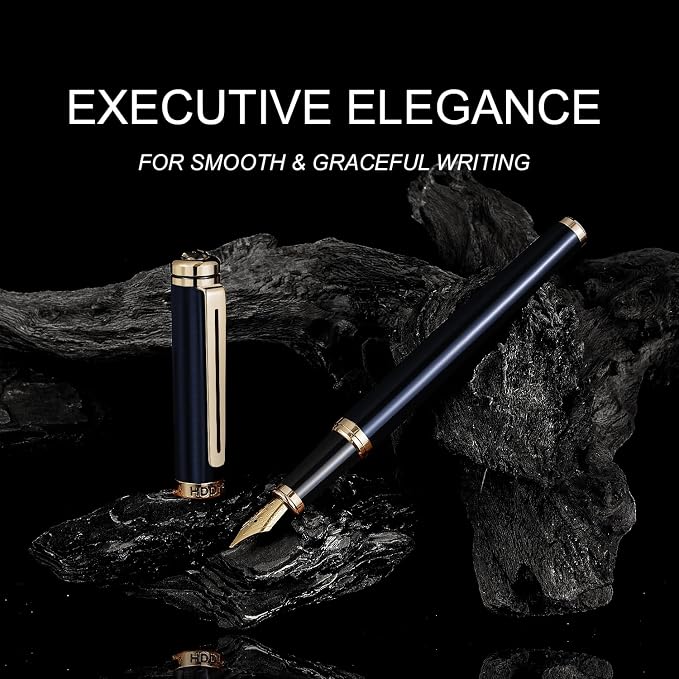 Blue Luxury Fountain Pen Set for Men and Women with Gift Box, 24K Gold Finish and Gilded Nib(Extra Fine) with 5 Black Ink Cartridges and Converter