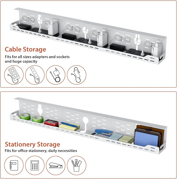Univivi Under Desk Cable Management Tray, Cable Management, 48 inch, White | Durable Steel Material, Cord Organizer with No-Drill C-Clamp and Screw Mount, Effortless Wire Management for Office/Home