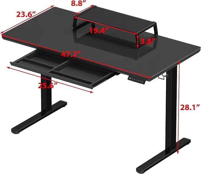 SHW 48-Inch Glass Electric Height Adjustable Standing Desk, Black | w/ Monitor Riser | Memory Presets and Cable Management | Drawer with Built-in Compartments | Hanging Hooks