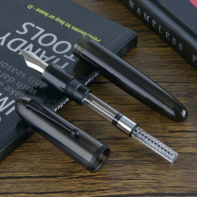 Jinhao 9019 Fountain Pen Dadao Series Transparent Matte Black Acrylic Silver Trim #8 Medium Nib with Large Converter