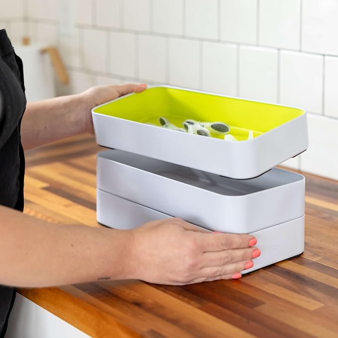 Three by Three Seattle Metal Drawer Organizer Tray Set, 6-Pc, 2" (Classic) | Deep 2" food-safe colorful metal bins; soft non-scratch base; kitchen, vanity, bathroom & office drawer storage
