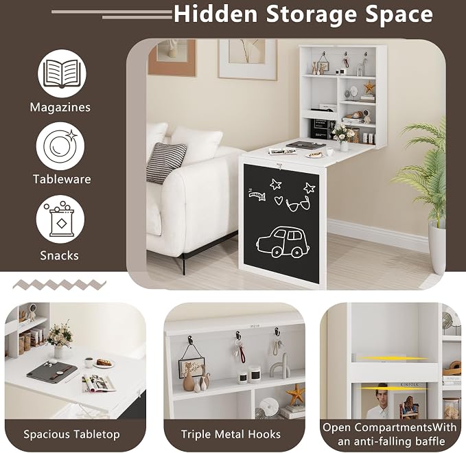 SIMOE Floating Wall-Mounted Desk, Storage Shelves and Hooks, Foldable Murphy Table with Chalkboard, Space-Saving Solution for Home Office, Bedroom, Dorm Room and Small Spaces