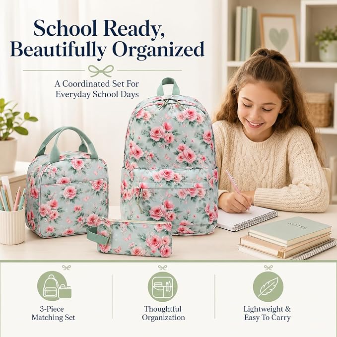 Bluboon Teens Backpack Set Girls School Backpack Lunch Box Pencil Bags Student Bookbags 3 in 1 (Pink Bow Rose)