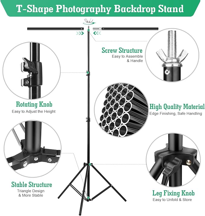 Green Screen Backdrop Kit, 5 x 6.5 ft Portable Green Screen with T-Shaped Stand, Carrying Bag, 5 Clamps, Photography Greenscreen Background Kit for Streaming, Gaming, Zoom