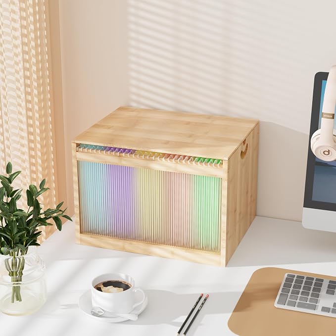 Bamboo Hanging File Organizer, Desk File Box with Lids, 1 Pack, Natural | Removable Lid, Clear Acrylic Side Panels, 2 Hanging Folders Included, Helps Reduce Dust, Letter & Legal Size, Easy Assembly