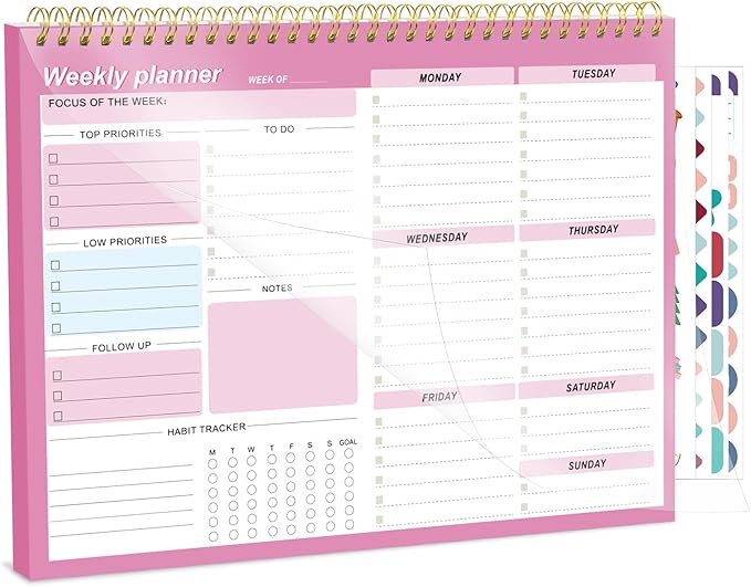 Weekly To Do List Notepad, 8.5''x11'' Weekly Desk Planners with 52 Tear Off Sheets Undated Planner Habit Tracker & Productivity Organizer for Home and Work, Pink
