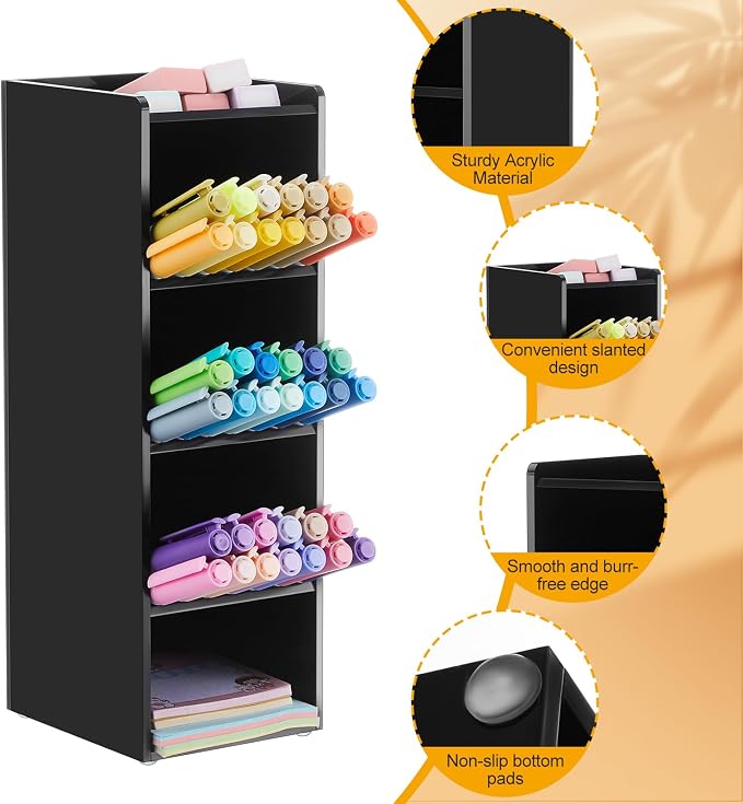 MotiMind Acrylic Pen Organizer Storage for 50 Markers Vertical Marker Organizer Acrylic Pen Display Holder for Office Desk Desktop Stationery Pencil Storage, Black, 3.4 x 4 x 10.2 Inch