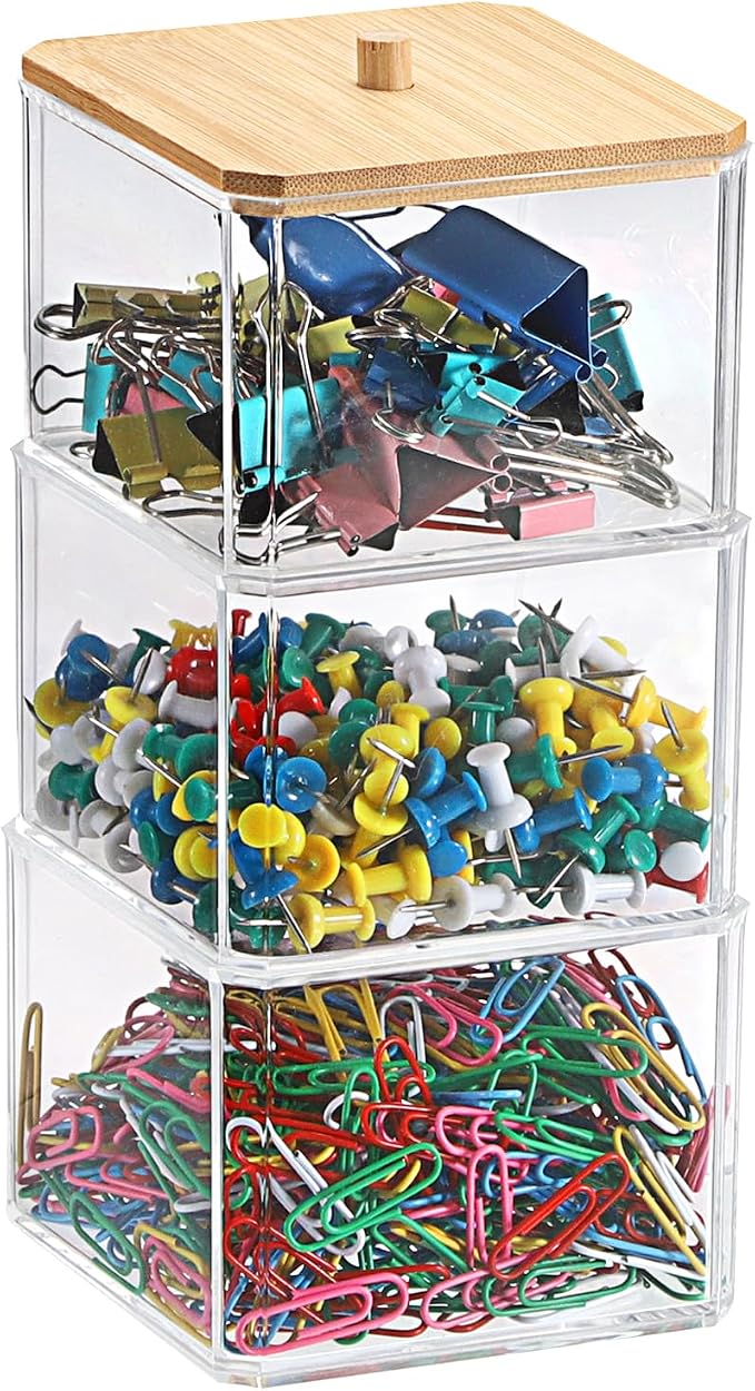 BTSKY Clear Stackable Paper Clip Holder with Bamboo Lid 3-Layer Paperclip Box Thick Acrylic Office Supply Accessory Organizer Square Small Storage Holder Cute Qtip Holder for Office Bathroom Vanity