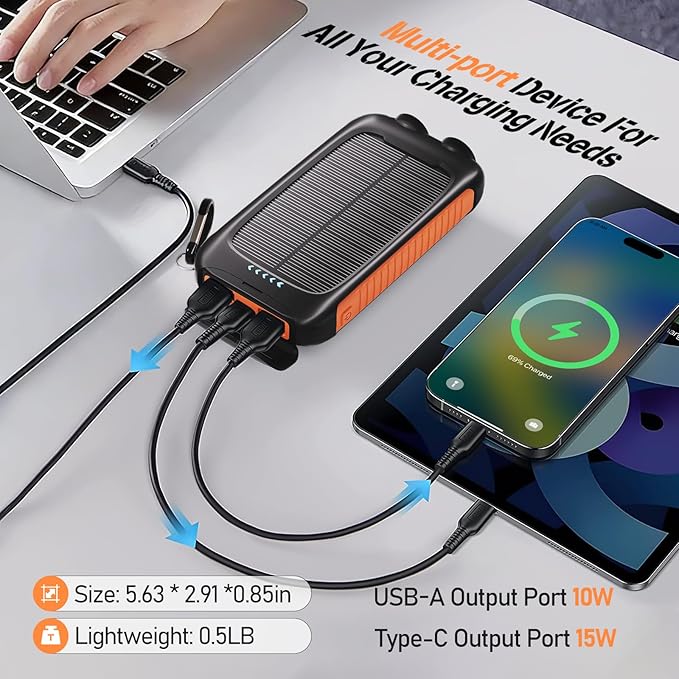 Solar Power Bank 20000mAh, 15W USB-C Fast Charge, Outdoor Travel & Camping