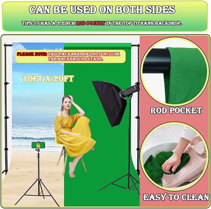 Green Screen Backdrop 10 x 20 ft, Photography Greenscreen Background for Streamingl, Big Green Photo Backdrop Curtain for Zoom Meeting, Video Studio, Video Recording