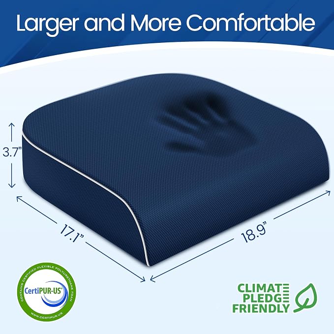 SweetSlubr Seat Cushion for Tailbone Pain Relief, Office Chair Cushion, Memory Foam Large Chair Cushion with Non-Slip Cover for Soft Support at Office Chair, Car Seat, Airplane Drak Blue/2X-Large