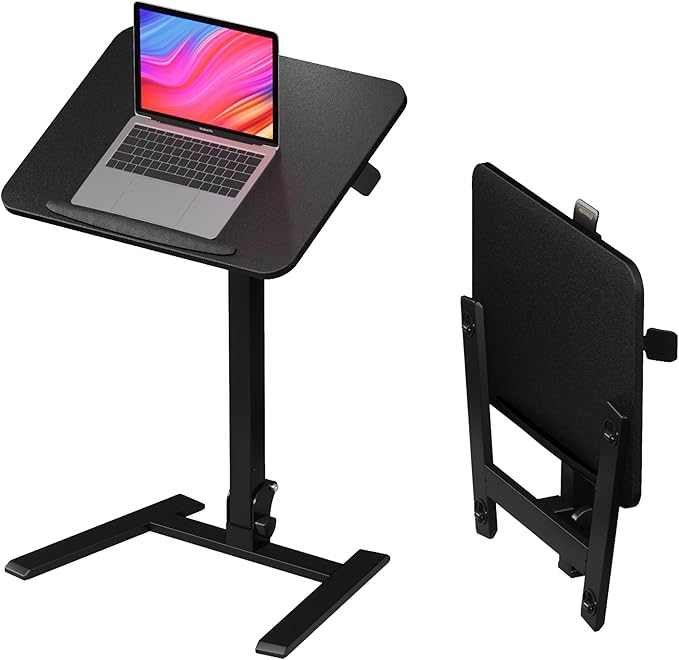 alawooder 25 Inch Mobile Folding Desk - No Assembly, Pneumatic Sit-Stand, 29-42" Height Adjustable Rolling Laptop Desk with Hidden Wheels, 0-90° Tilt Top for Home Office, Craft & Study