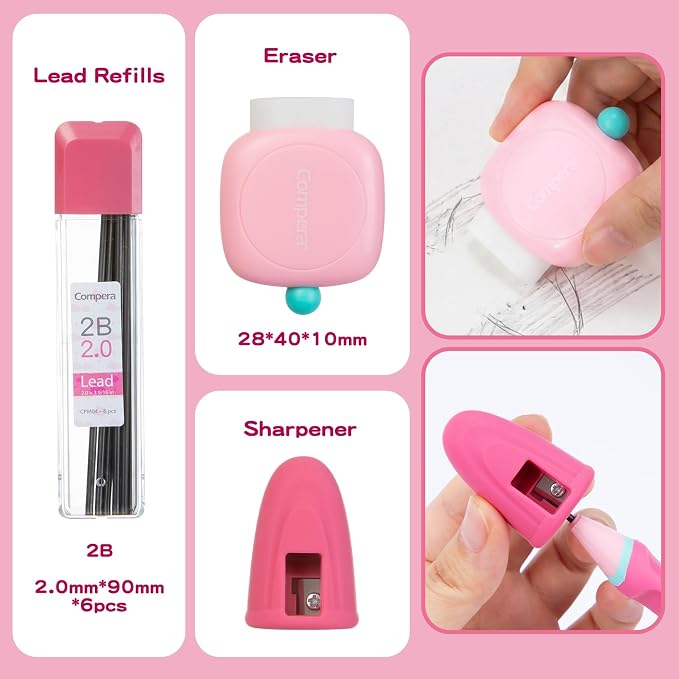 Ergonomic Pencil Set, 2.0mm HB Mechanical Pencils for Kids, School Supplies Include Sharpener, Eraser & 6 Extra Leads – Handwriting Aid for Preschool, Kindergarten, Homes, Pink, L