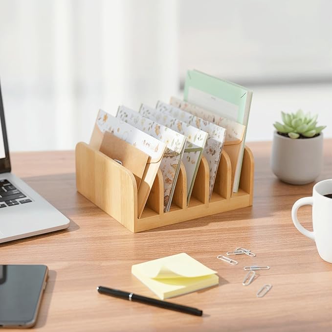 Bamboo Mail Desk Organizer, 5 Slots Bamboo File Mail Holder Organizer, Vertical Countertop Organizers Holder for Home, Office, Magazine, Book Envelope, Paper, Bill
