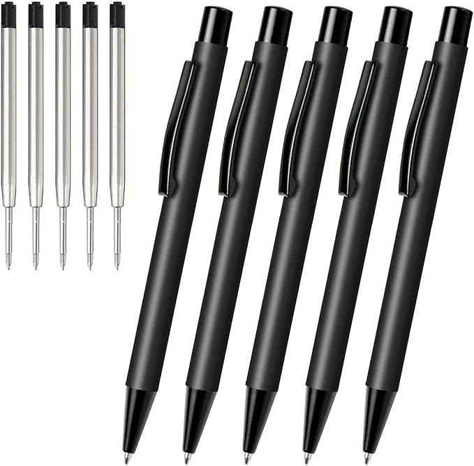 Cambond Retractable Click Ballpoint Pens - Matte Metal Barrel for Police Duty, Nurses, One-Handed Operation, 1.0mm Medium Point Smooth Writing, Heavy Duty Clip, 5 Pens with 5 Refills (Black)
