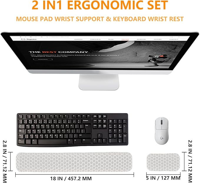 Ergonomic Keyboard and Mouse Wrist Rest Set, Silicone Honeycomb Design, 17.7 x 2.8 x 1 Inches, Non-Deformable Support for Office Gaming Typing (White)