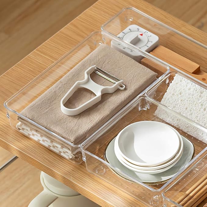 Kingrol 6 Pack 12 x 6 x 2 Inch Clear Drawer Organizer Trays, Desk Drawer Divider Storage Bins, Storage Box Set for Utensils Junks Vanities Makeups Jewelry Office Craft Supplies
