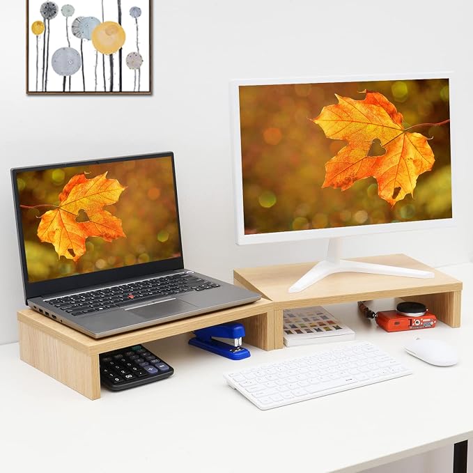 TEAMIX Wood Monitor Stand Riser-2 Packs, Maple | Holds 80Lbs, Stacked/Separate Adjustable Use, 2 Tier Adjustable, Fits laptop, TV, PC. For Home Office, Gaming