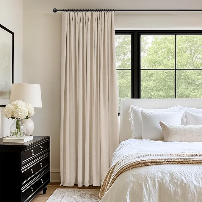 INOVADAY 100% Blackout Curtains for Bedroom, Oatmeal Black Out Curtains 108 Inch Long, Clip Rings Linen Blackout Drapes, Thermal Insulated Room Darkening for Living Room, 1 Panel - W102xL108