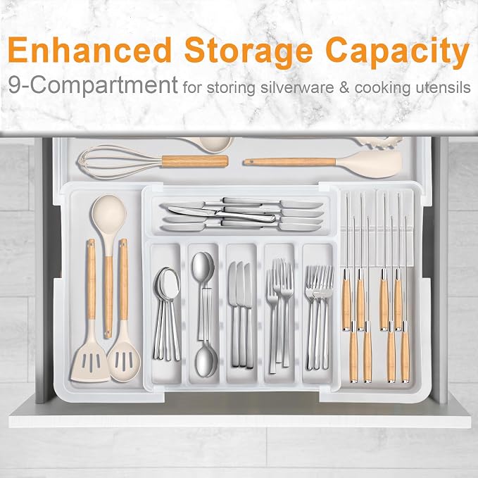 Silverware Organizer for Kitchen Drawer, Expandable Utensil Drawer Organizer with 2 Knife Block, Flatware and Cutlery Holder, Adjustable Plastic Storage for Spoons Forks Knives