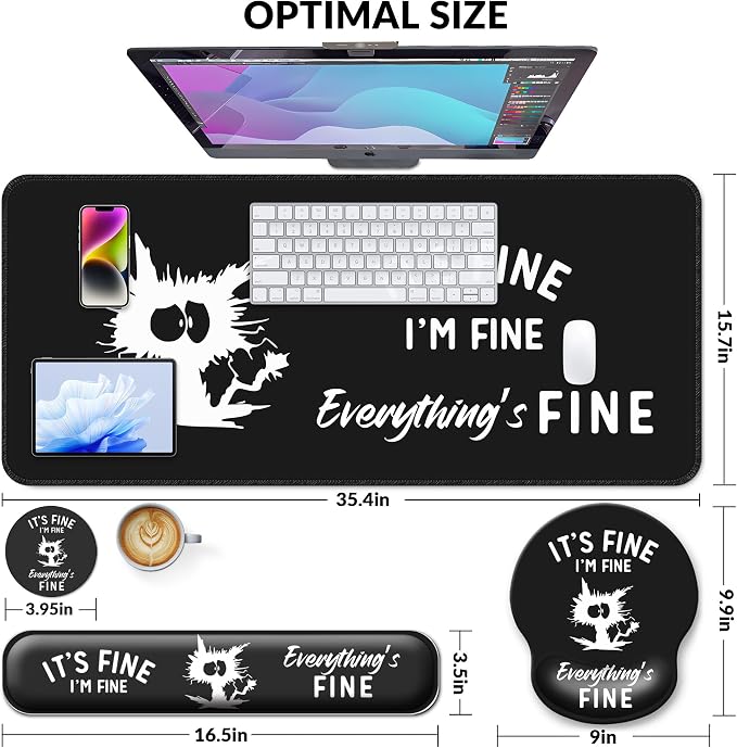 Desk Mat Set + Keyboard and Mouse Pad with Wrist Rest Support,4-in-1 Large Mousepad Computer Mats for Desktop Home & Office-It's fine I'm fine Everything is fine