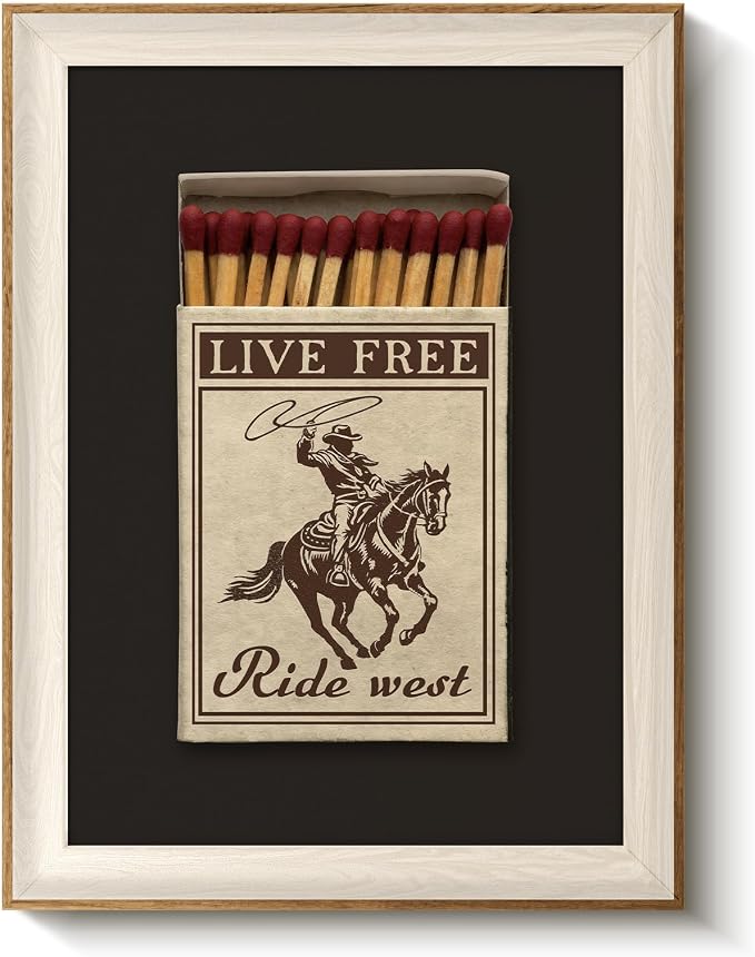 VIYYIEA Vintage Framed Wall Art for Living Room, Retro Matchbox Cowboy Riding Horse Canvas Print, Western Rustic Bathroom Poster, Wall Decor for Bedroom, 16L x 12W
