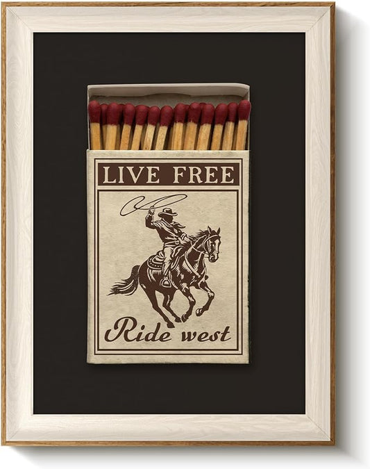 VIYYIEA Vintage Framed Wall Art for Living Room, Retro Matchbox Cowboy Riding Horse Canvas Print, Western Rustic Bathroom Poster, Wall Decor for Bedroom, 16L x 12W