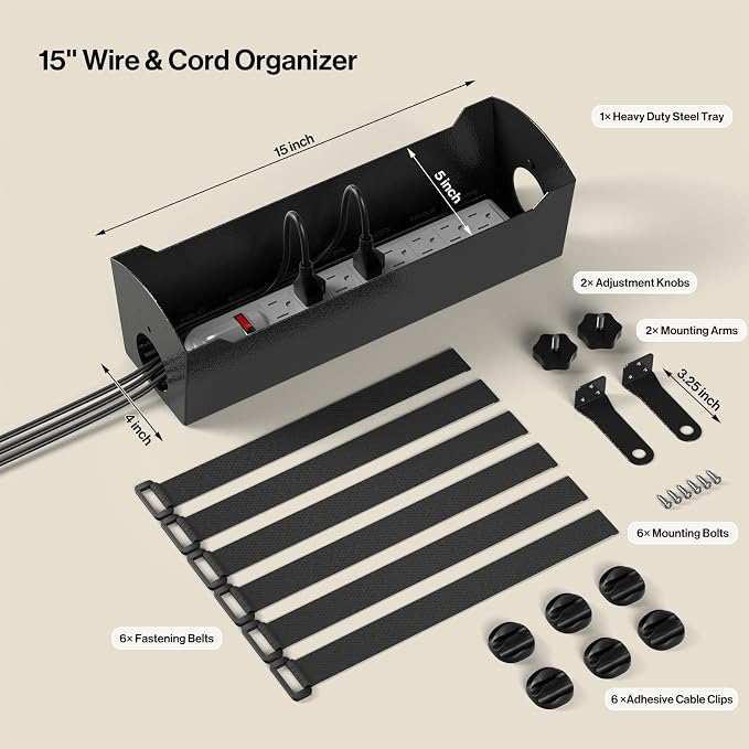 POCHAR Under Desk Cable Management Tray, 15" Power Strip Holder | Heavy Duty 1.7mm Steel Wire Organizer with 9-Cord Routing Openings, Screw Mount Cord Management for Standing Desk Home Office