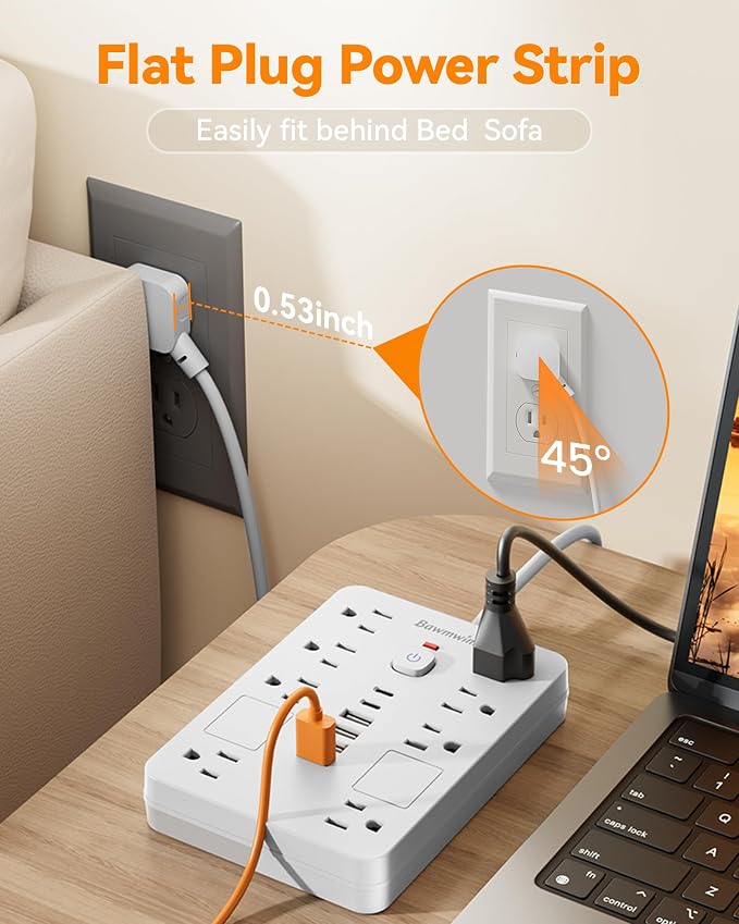Surge Protector Power Strip - 8 Outlets(1850W/15A/14AWG) with 6 USB Ports（2 USB C, 10FT Flat Plug Extension Cord, Wall Mount Multi Plug Outlet Extender, ETL Listed for Home, Dorm Room, White