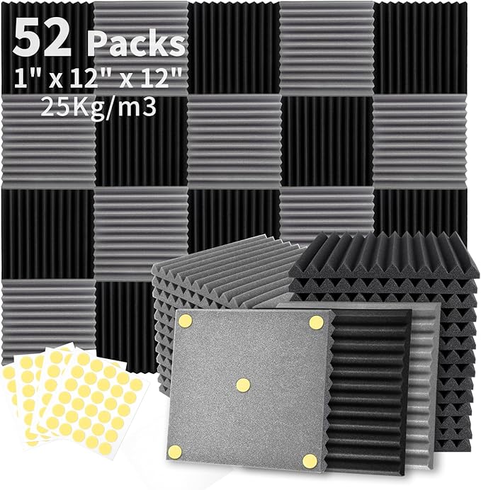 Focusound 52 Pack Black GreyAcoustic Foam Panels 1" x 12" x 12" Sound Proof Foam Panles Soundproofing Noise Cancelling Wedge Panels for Home Office Recoding Studio with 300PCS Double-Side Adhesive